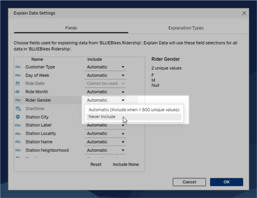 An image of the Explain Data settings within Tableau interface where an analyst is selecting which fields of the data source to include and use with Explain Data