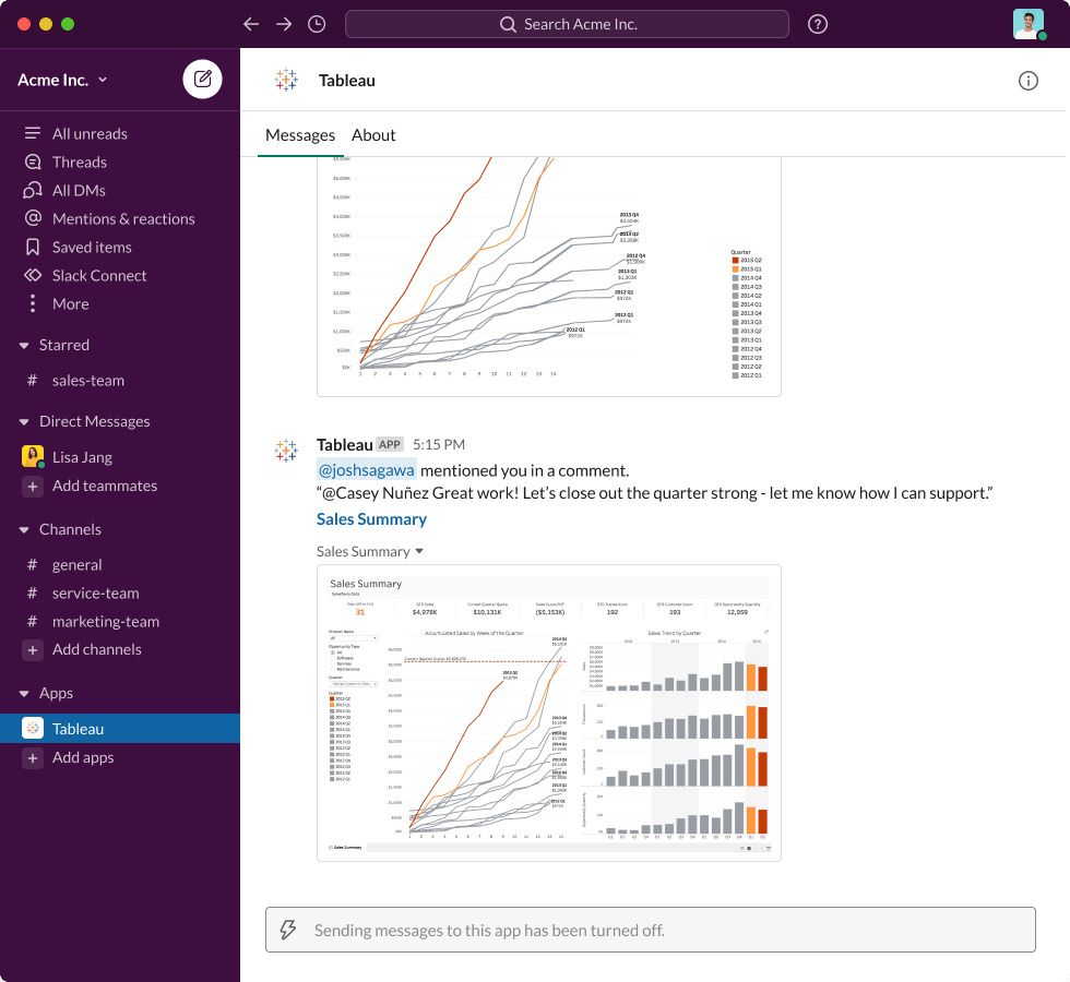 Slack interface showing an Apps message from Tableau: “@joshsagawa mentioned you in a comment. ‘@casey nunez great work! Let’s close out the quarter strong - let me know how I can support.’” paired with Sales Summary data dashboard