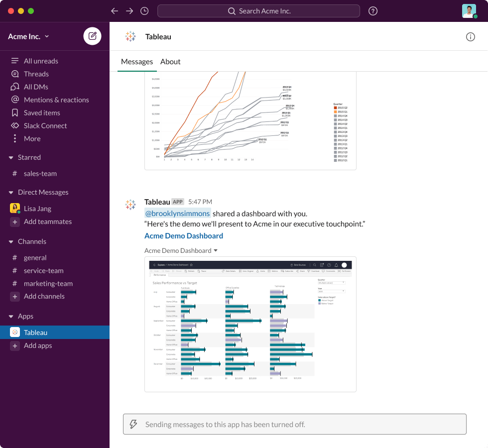 Slack interface showing an Apps message from Tableau: “@brooklynsimmons shared a dashboard with you. ‘Here’s the demo we’ll present to Acme in our executive touchpoint.’” paired with Acme Demo Dashboard visualization
