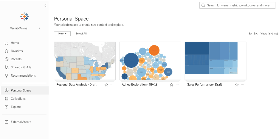 Image of "Personal Space" featuring three blue and orange data visualizations that are still being drafted and not yet ready for sharing