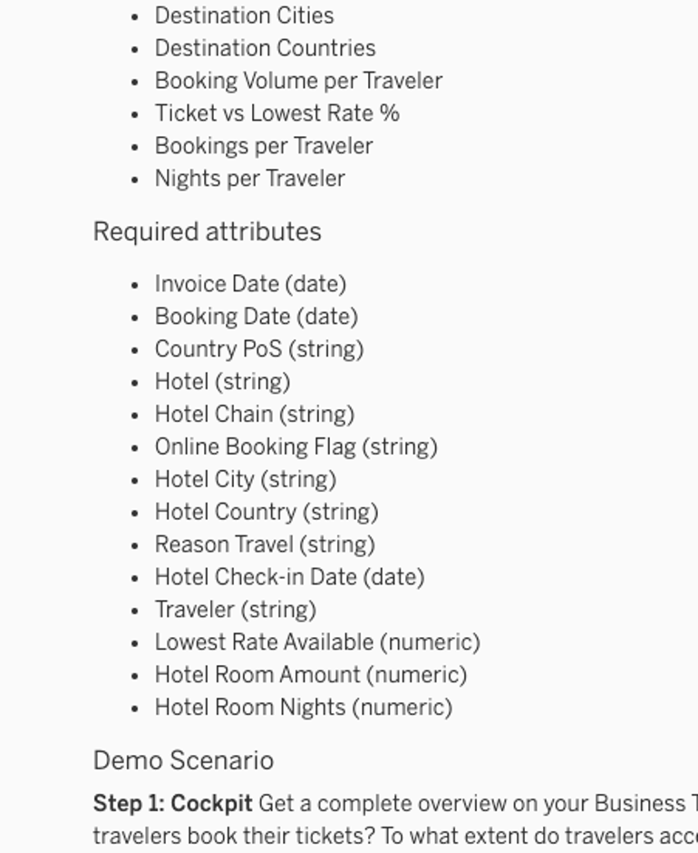 Bulleted list showing required fields or attributes for the dashboard, including Invoice Date (date), Hotel City (string), Traveler (String), and more.  
