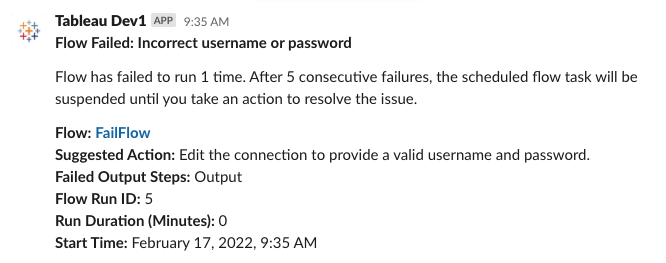 Slack notification regarding a failed prep flow job.