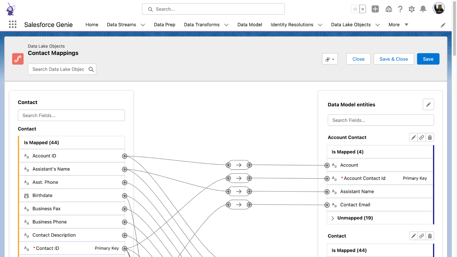 Mappage de contacts d'objets de lac de données avec Salesforce Genie