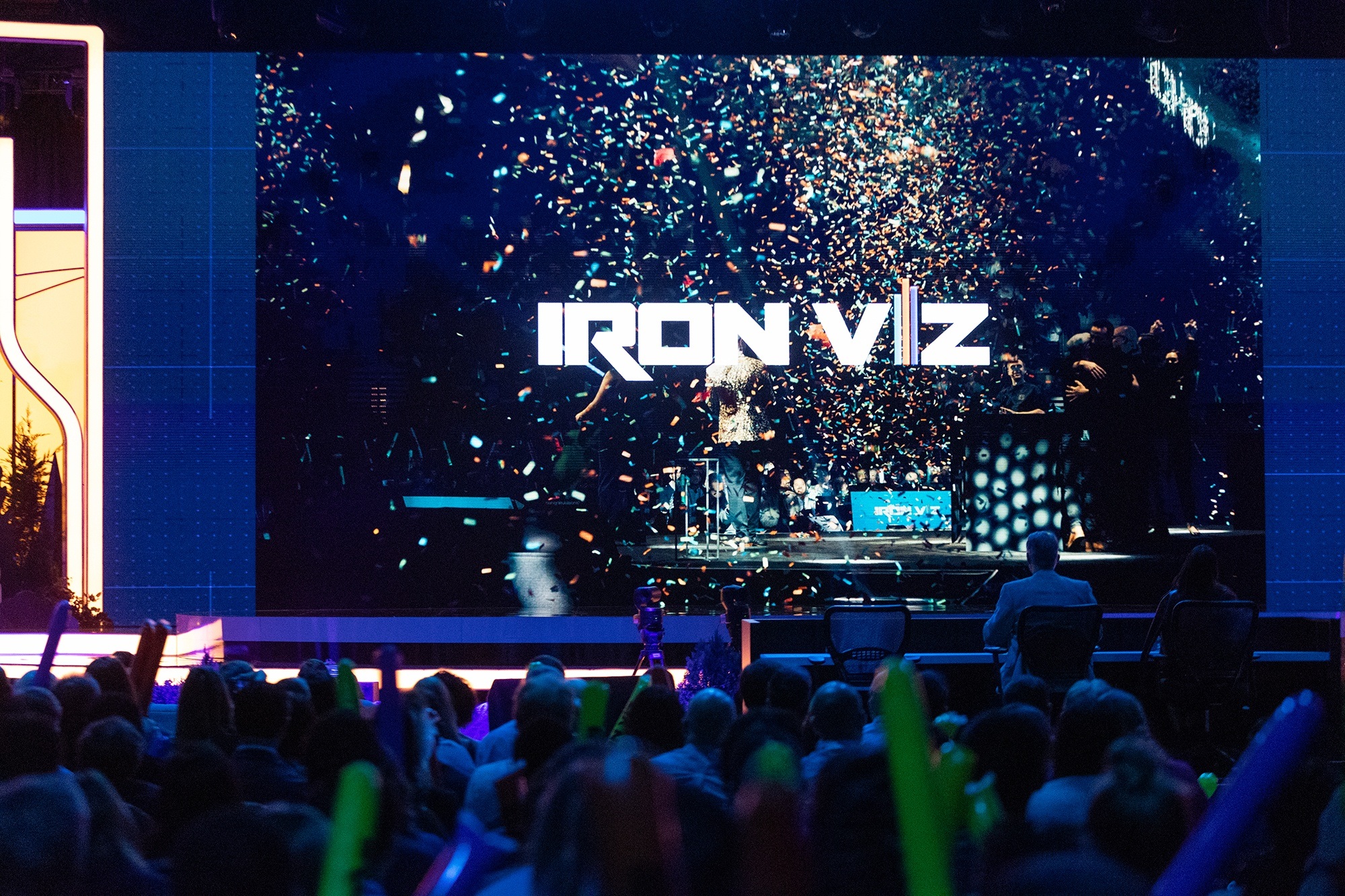 Iron Viz champion stage shot with Iron Viz logo in the middle