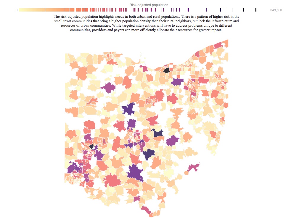 This map of Ohio helps residents understand the health risks of where they live, excerpted from a dashboard within Front Health's Tableau Public profile.